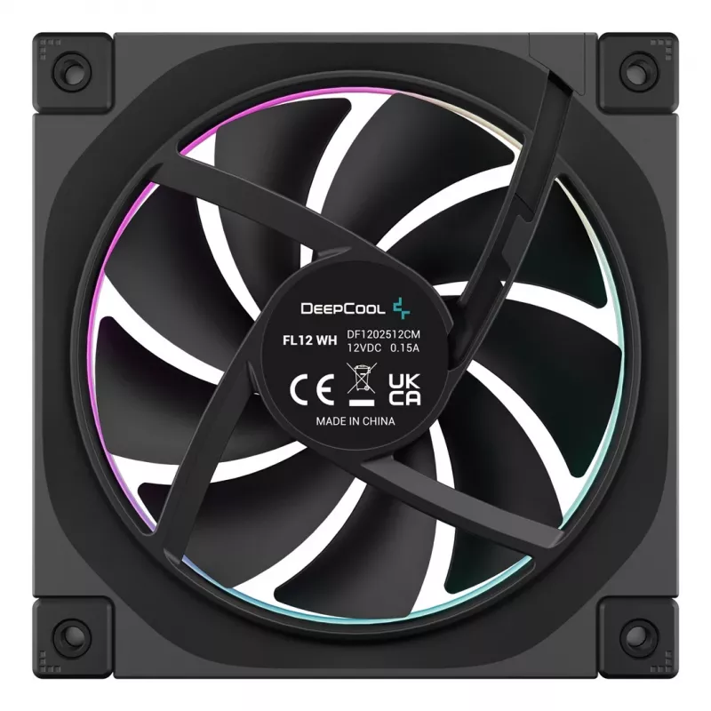 Korpusa ventilators DeepCool FL12 120 mm, PWM, 500–2150 RPM, 55 CFM, 2.82 mmH2O, FDB, multi-LED, melns