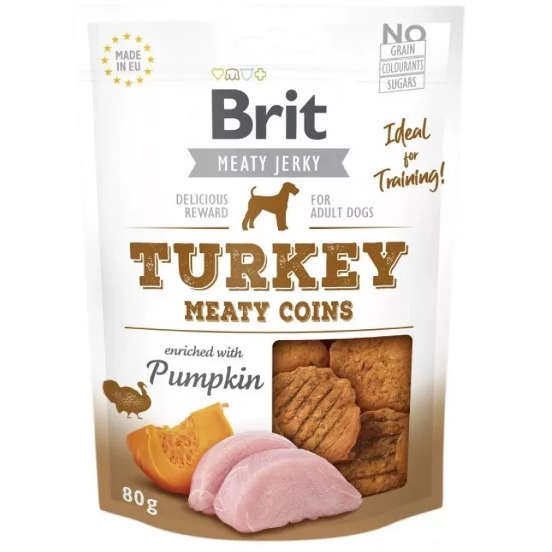 Suņu gardumi Brit Jerky Turkey Meaty Coins 200 g — funkcionāla treniņu uzkoda pieaugušiem suņiem, olbaltumvielas 33%, tauki 22%