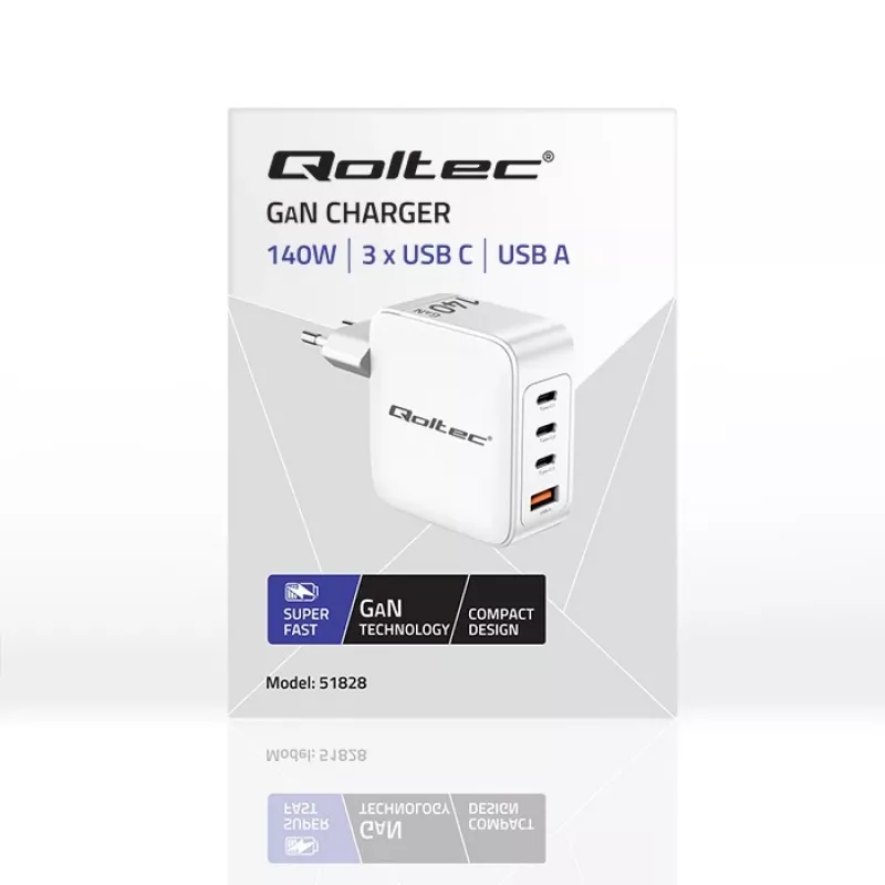 Lādētājs QOLTEC 51828 140W GaN 3×USB‑C PD + 1×USB‑A QC 3.0 – daudzpieslēgvietu ātrā lādētāja