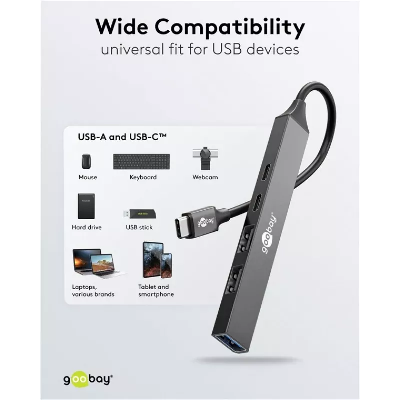 Goobay Slim 5-Portu USB centrmezgls, USB-C™ uz USB-C™/USB-A, USB 3.2 (74460)
