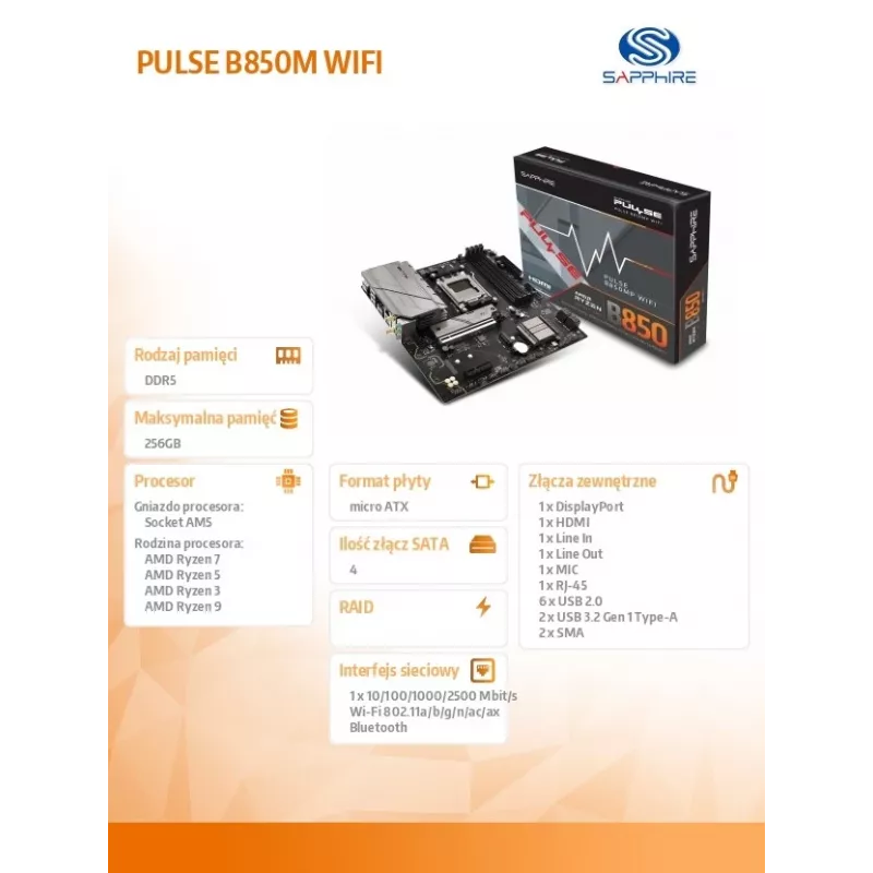 Mātesplate Sapphire PULSE B850M WIFI — AMD B850 micro ATX, Socket AM5, DDR5 līdz 7600 MHz, 4 DIMM, 192 GB, Wi‑Fi 6, 2.5GbE