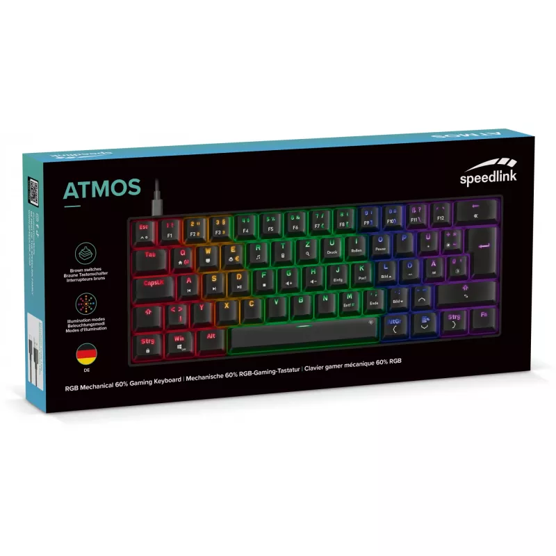 Mehāniska spēļu tastatūra Speedlink ATMOS RGB — kompakts izkārtojums, RGB fona apgaismojums