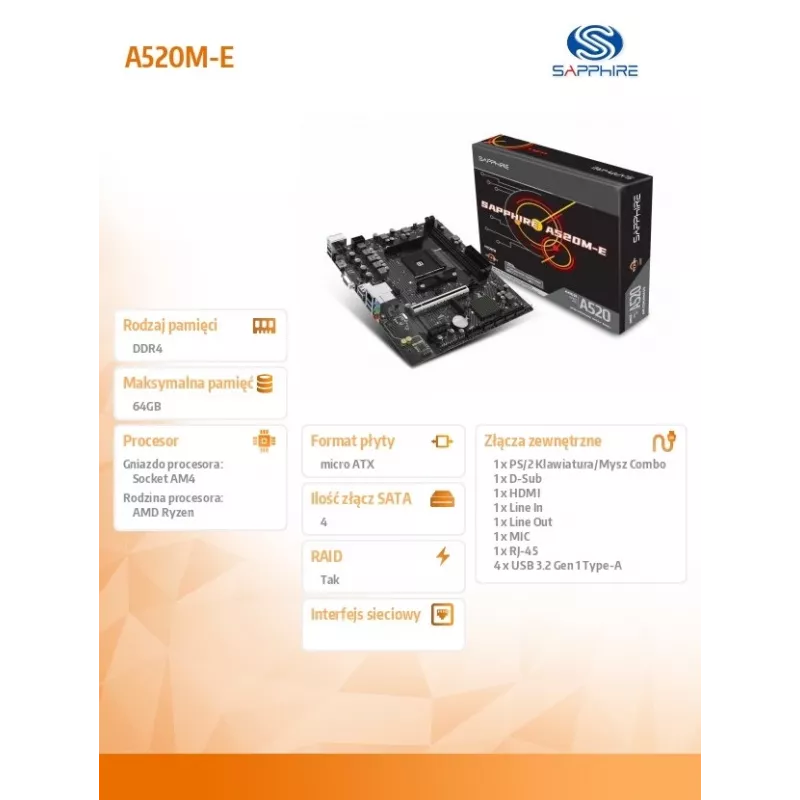 Micro ATX mātesplate Sapphire A520M-E ligzdai Socket AM4, AMD A520 mikroshēmojums, 2x DDR4 DIMM, max 64 GB, PCIe 3.0 x16/x1, SATA III, Gigabit LAN