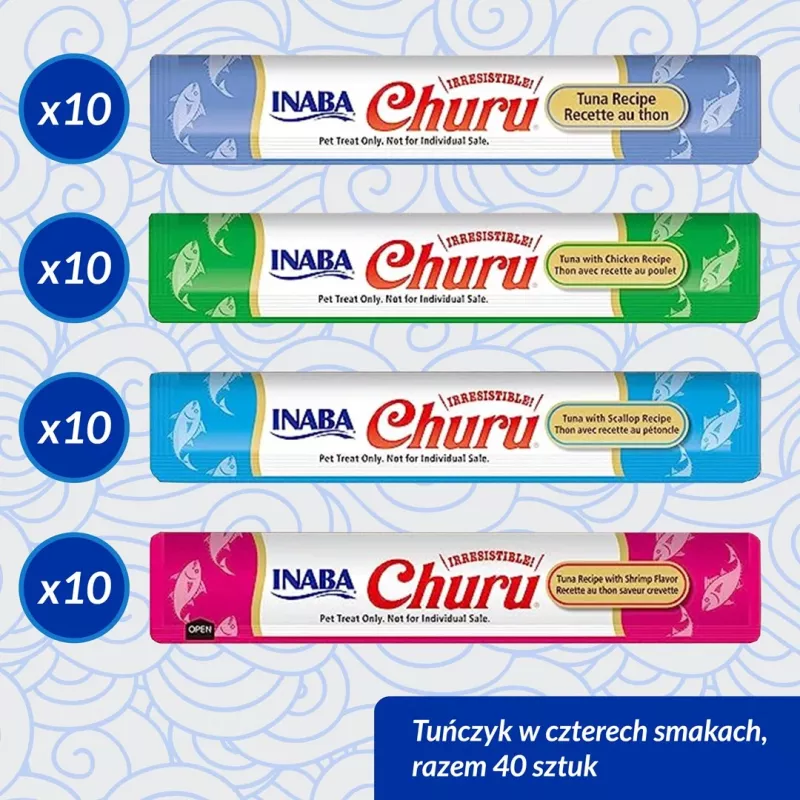 Mitrie kaķu kārumi INABA Churu Variety Box — tunzivs, 40 × 14 g pastas paciņas, bezgraudu, bezglutēna