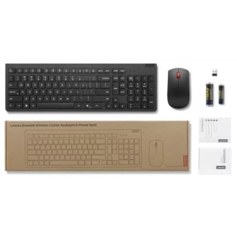 Bezvadu tastatūras un peles komplekts Lenovo Essential Wireless Combo Gen2 — melns, kompakts izkārtojums, bezvadu savienojums