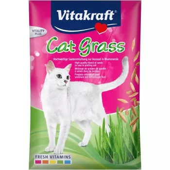 Kaķu zāles sēklas Vitakraft 50 g — ēdams augu maisījums kaķiem, 50 g paciņa, atbalsta gremošanu un apmatojuma kamolu izvadīšanu