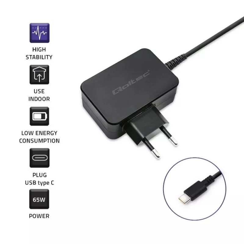 QOLTEC 51024 — Universāls iekštelpu maiņstrāvas lādētājs, 65W PD, 20V/3.25A, 1.2m kabelis, melns