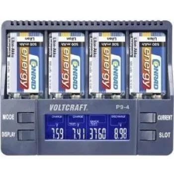 Bateriju lādētājs Voltcraft P9-4 9V bloka baterijām — saderīgs ar NiCd, NiMH un Li‑Ion