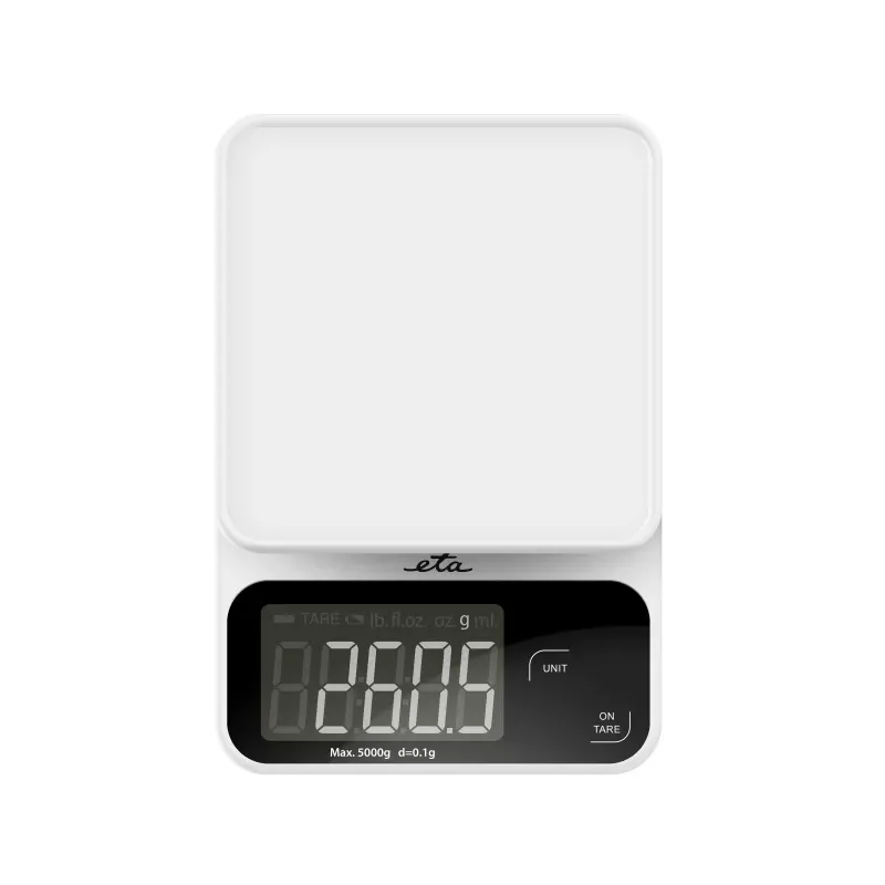 Elektroniskie virtuves svari ETA POPI balta — maks. 5 kg, precizitāte 1 g, LCD displejs, AAA baterijas