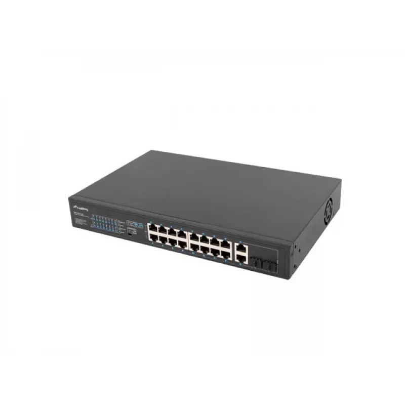 Nepārvaldāms slēdzis LANBERG RSFE-16P-2C-250 — 18 portu Gigabit, 16x PoE+ (30W), 2x SFP, 250W, 1U, metāls, stiprināšana statīvā