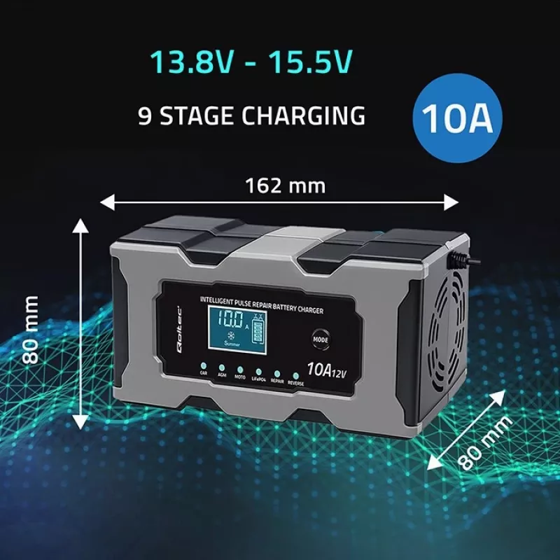 Lādētājs QOLTEC 52493 12V 10A ar remonta funkciju AGM baterijām