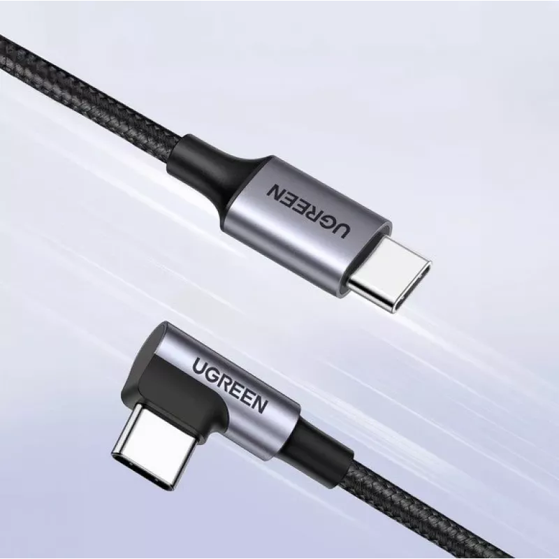 Ugreen USB-C (taisns) / USB-C (leņķveida) PD QC 60W 3A 0,5m US255 (pelēks)