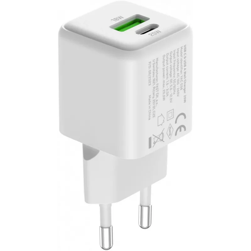 USB C/A tīkla lādētājs YENKEE YAC G38 20W 3A ar Power Delivery atbalstu (USB‑C un USB‑A)
