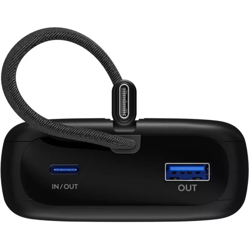Powerbank 20.000 mAh, integrēts USB-C kabelis 13 cm, 30 W (melns, 20 Ah, 1x USB-A, 2x USB-C, PD, QC)