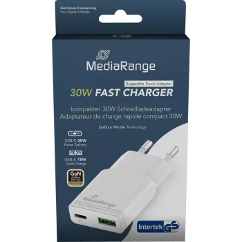 Lādētājs MediaRange MRMA125 30W 2 portu (1x USB-A, 1x USB-C, GaN) balts