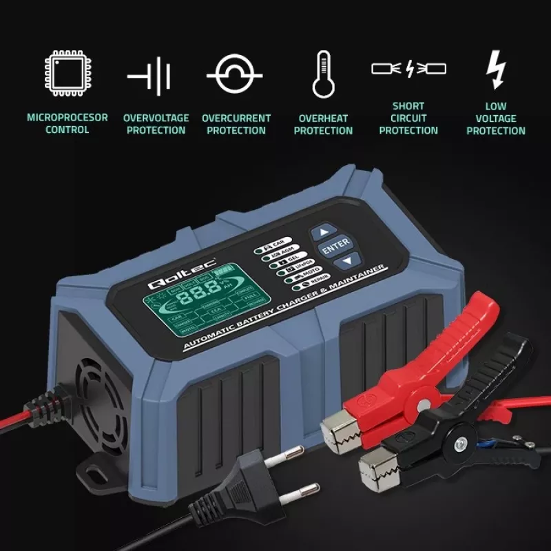 Qoltec viedais mikroprocesoru akumulatoru lādētājs ar akumulatora testeri un 12V atjaunošanas funkciju | 6A | LCD | Akumulatoru lādētājs AGM LiFePO4 GEL akumulatoriem