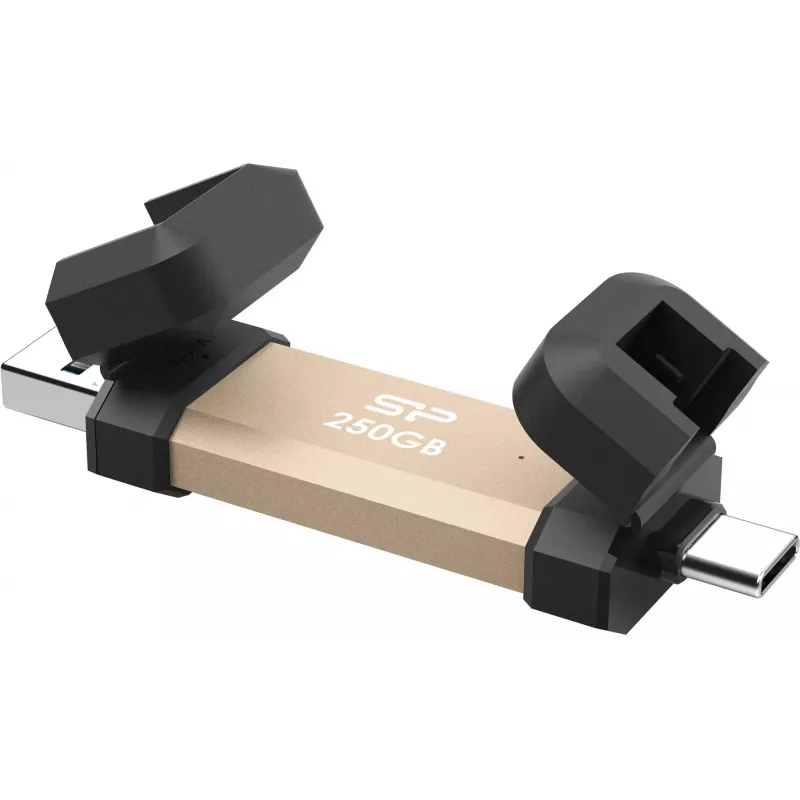 USB zibatmiņa Silicon Power DS72 250 GB, USB 3.2 Gen 2 Type-A / Type-C, alumīnijs/gumijas vāciņš, zelta krāsa