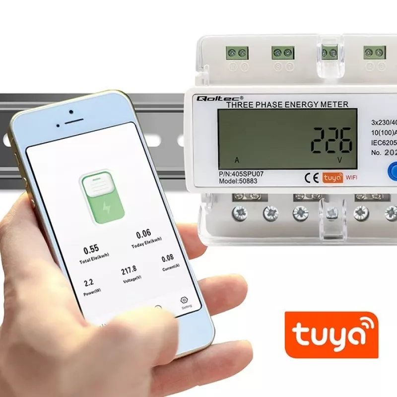 Trīsfāžu elektroenerģijas skaitītājs QOLTEC 50883 Wi‑Fi 400V ar LCD displeju