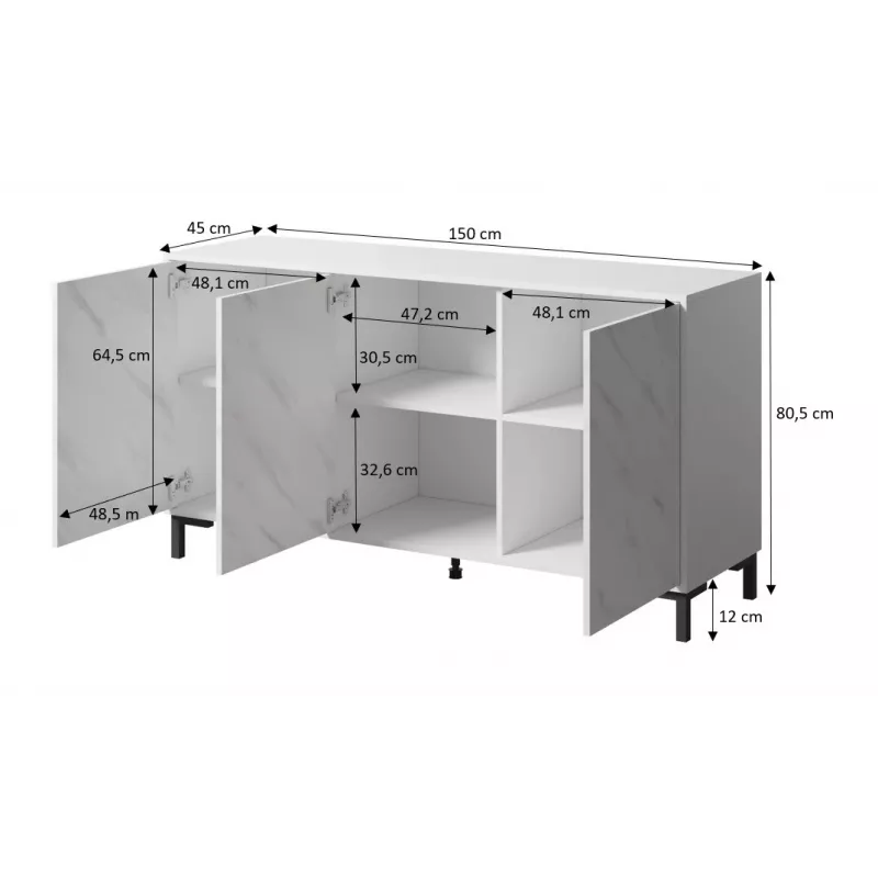 MARMO 3D kumode 150x45x80.5 cm matēts melns/marble melns