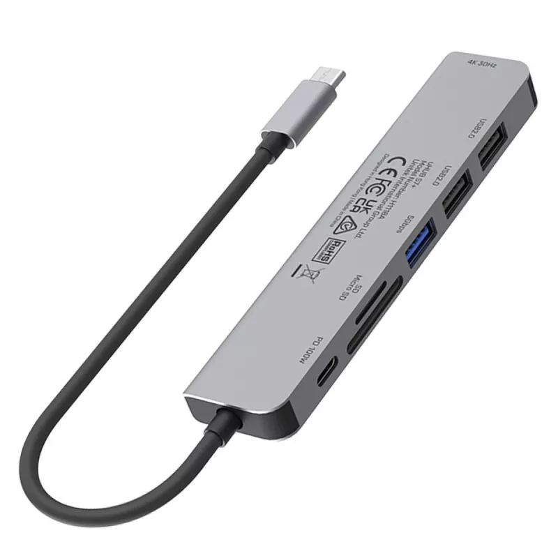 USB-C centrmezgls Unitek 7in1 Aluminium PD 100W 5 Gbps — multiportu adapteris ar Power Delivery