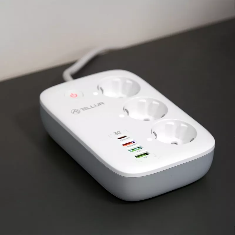 Strāvas sadalītājs Tellur TLL331521 viedais WiFi strāvas sadalītājs ar 3 rozetēm, PD 30W, QC 18W