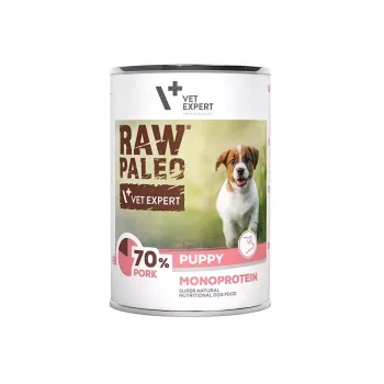 Mitrā suņu barība VETEXPERT RAW PALEO Monoprotein Pork 400 g bundžā, junioriem paredzētiem suņiem, bez glutēna, bez sojas
