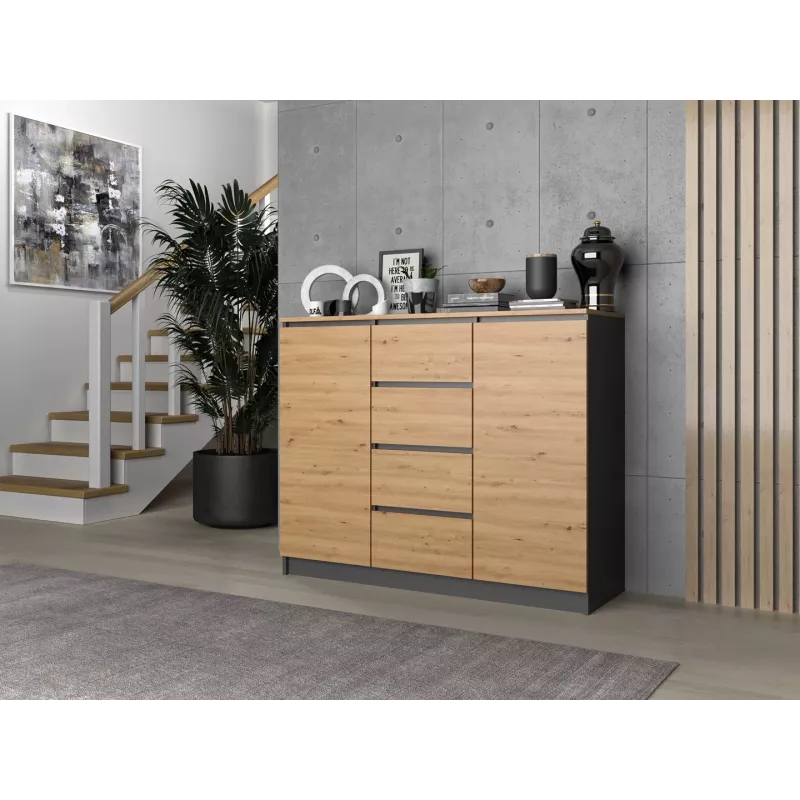Kumode Topeshop 2D4S ANT/ART BA KPL — 4 atvilktnes, antracīts/ozols, 1200×400×970 mm, kokskaidu plātne