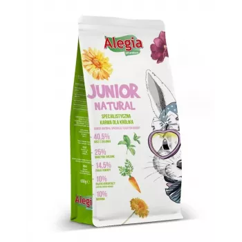 Graudainā trušu barība Alegia Junior Natural 650 g — pilnvērtīga barība jauniem trušiem, bez graudiem, bez lipekļa, bez sojas
