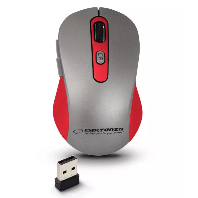 Bezvadu optiskā pele ESPERANZA EM131R 2.4 GHz, 1600 DPI, piemērota abām rokām, nano USB uztvērējs, 6 pogas, pelēka