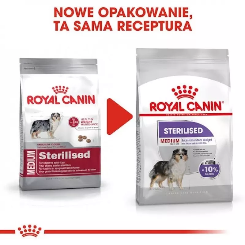 Sausā suņu barība Royal Canin Medium Sterilised Adult 12 kg — sterilizētiem vidēja izmēra pieaugušiem suņiem, mājputnu gaļa, olbaltumvielas 28%, tauki 13%