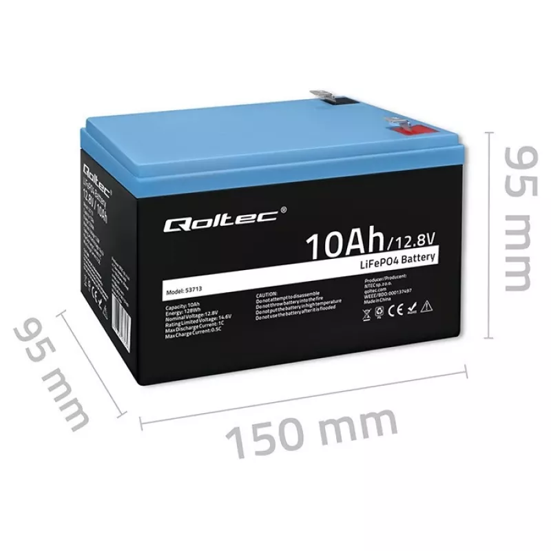 Uzlādējama LiFePO4 baterija QOLTEC 10Ah 12.8V 128Wh ar integrētu BMS