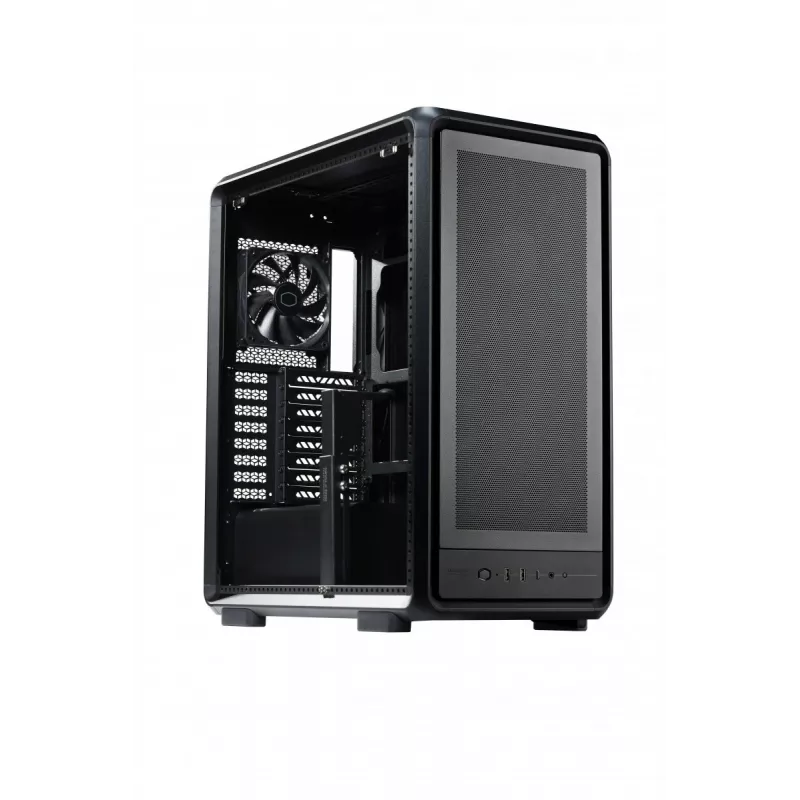 Datora midi tornis Cooler Master MasterFrame 500 Mesh — Melns ar caurspīdīgu sānu, atbalsta ATX/EATX, 2x200mm priekšā, 1x120mm aizmugurē