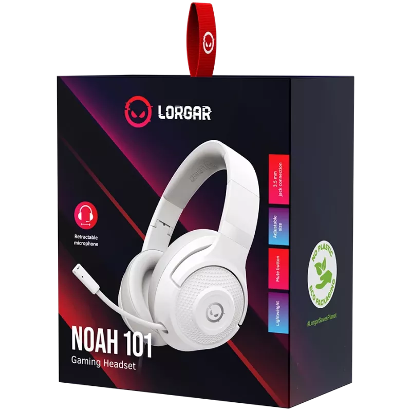 LORGAR Noah 101, Spēļu austiņas ar mikrofonu, 3,5 mm ligzdas savienojums, kabeļa garums 2 m, salokāms dizains, PU ādas ausu spilventiņi, izmērs: 185*195*80 mm, 0,245 kg, balts