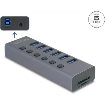 USB 3.0 ārējs 6 portu centrs DELOCK 64237 ar individuāliem slēdžiem un SD/MicroSD karšu slotu