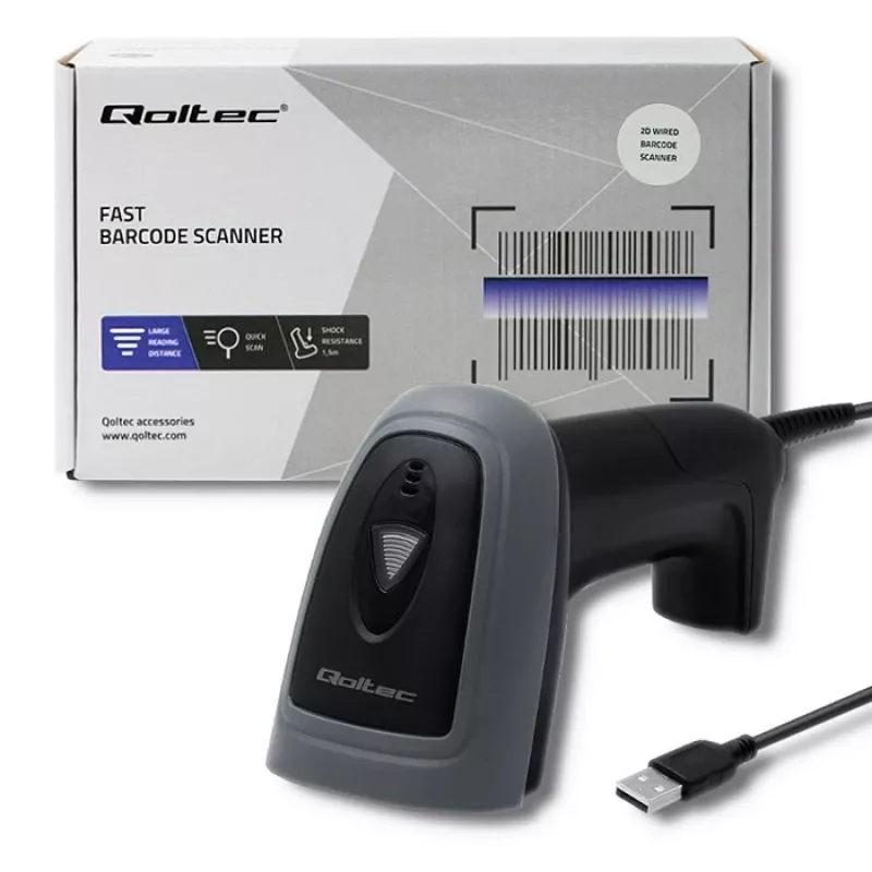 Rokas svītrkodu lasītājs QOLTEC 50863 — 1D/2D skeneris, USB vadu savienojums, LED sensors, melns, 5V, 1,8 m kabelis