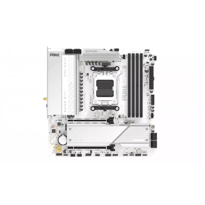 Mātesplate Sapphire PURE B850M WIFI Micro ATX — AMD B850, Socket AM5, DDR5 līdz 8000 MHz, 4 DIMM, Wi‑Fi 6, 2,5 Gb LAN, 2× M.2, PCIe 5.0 x16