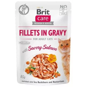 Slapjā kaķu barība Brit Fillets in Gravy — laša filejas mērcē, 85 g paciņa, BRIT Care, pieaugušiem kaķiem, mitrums 82%
