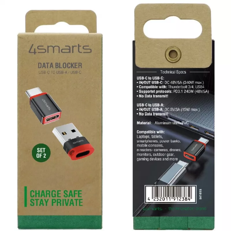Saskarnes adapteris 4smarts 541615 — USB Type-A (resursdators) uz USB Type-C (izeja), melns, taisns vīrišķais-uz-siev., iepakojumā 2 gab.