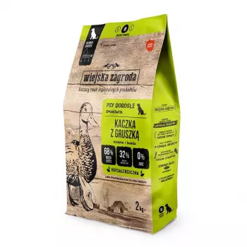 Sausā suņu barība wiejskazagroda Duck with Pear 2 kg — pilnvērtīgs sausais grauds pieaugušiem suņiem, 32% olbaltumvielu, 21% tauku