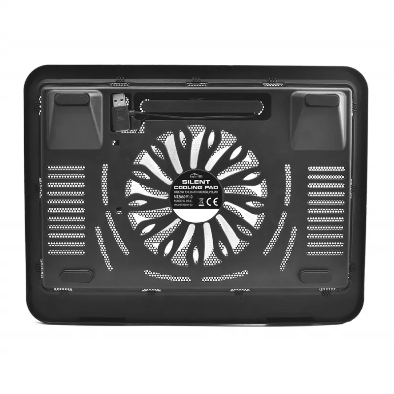 Dzesēšanas paliktnis MEDIA-TECH MT2660 — ar USB darbināms klēpjdatora dzesētājs, 1 ventilators 13,5 cm, 20 CFM, 1000 RPM, 330×250×40 mm, 327 g, fona apgaismojums