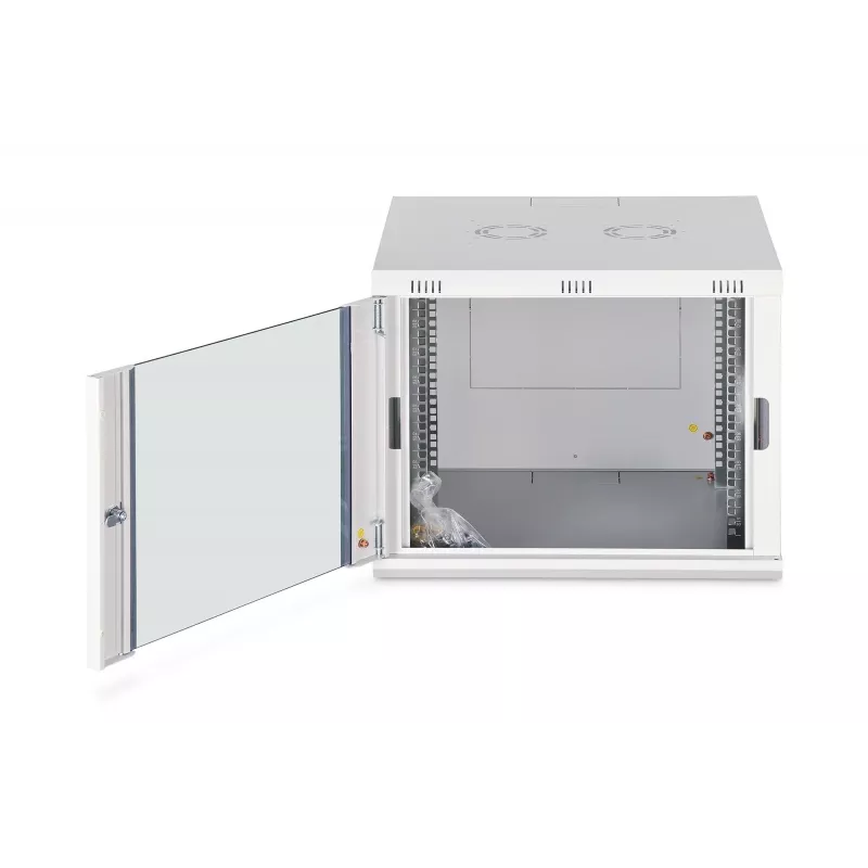 Pie sienas stiprināms 19 collu statņu skapis DIGITUS Dynamic-N DN-37106 — 9U, 600x600 mm, IP20, atslēgas slēdzene