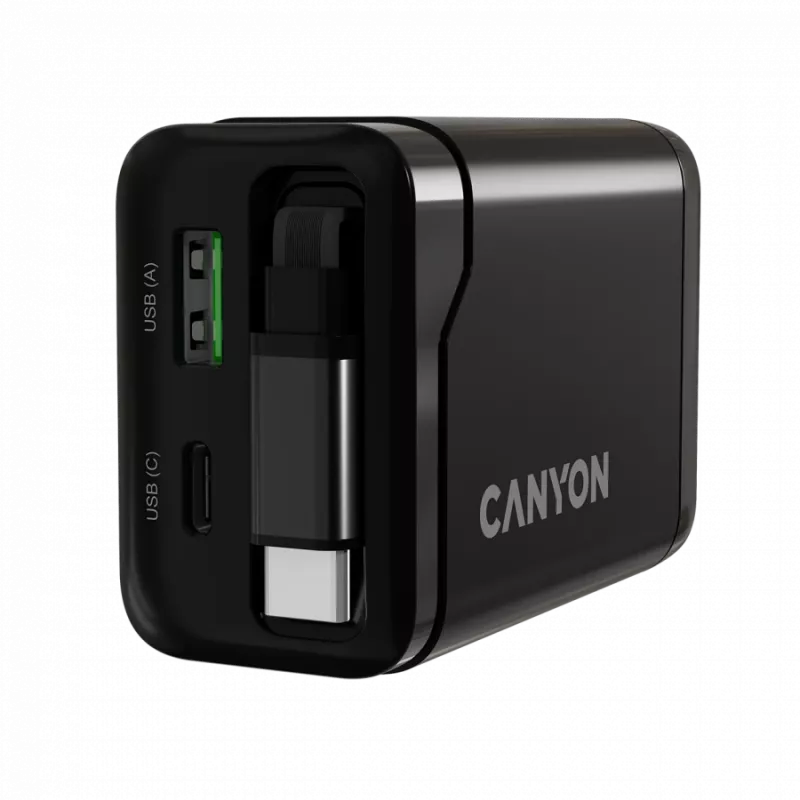 Lādētājs CANYON OnCharge 65RC ar iebūvētu USB-C vadu, 65W, 1x PD, 1x QC, ES kontaktdakša, melns