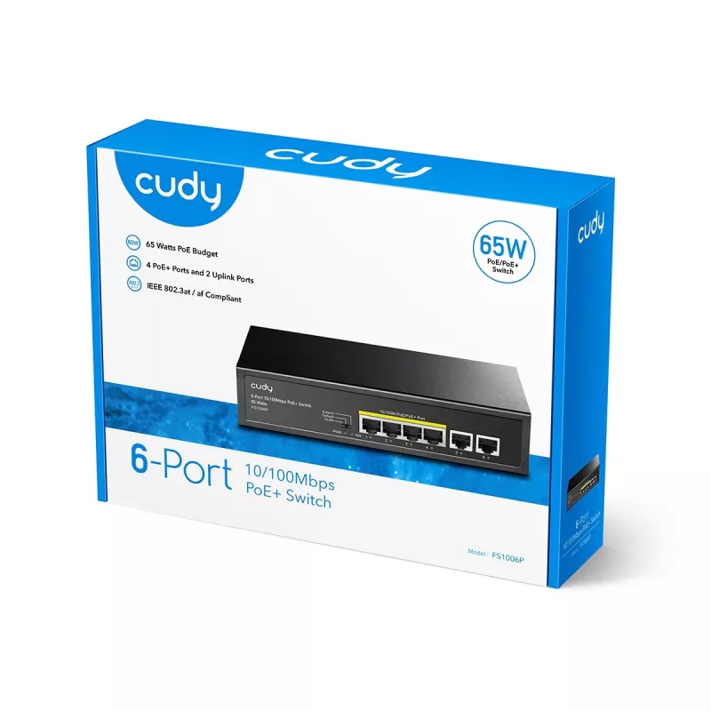 Tīkla slēdzis Cudy FS1006P Fast Ethernet 6 portu (4 PoE, 1 PoE+) 10/100 Mb/s, 1,2 Gbit/s joslas platums, metāla korpuss, statīva/sienas stiprinājums