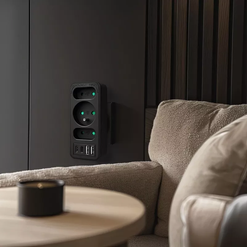 Strāvas sadalītājs MACLEAN MCE248 F/B — 3 maiņstrāvas rozetes (1x16A, 2x6A) un 4 USB porti (2xUSB‑A, 2xUSB‑C PD 20W), ES spraudnis, melns