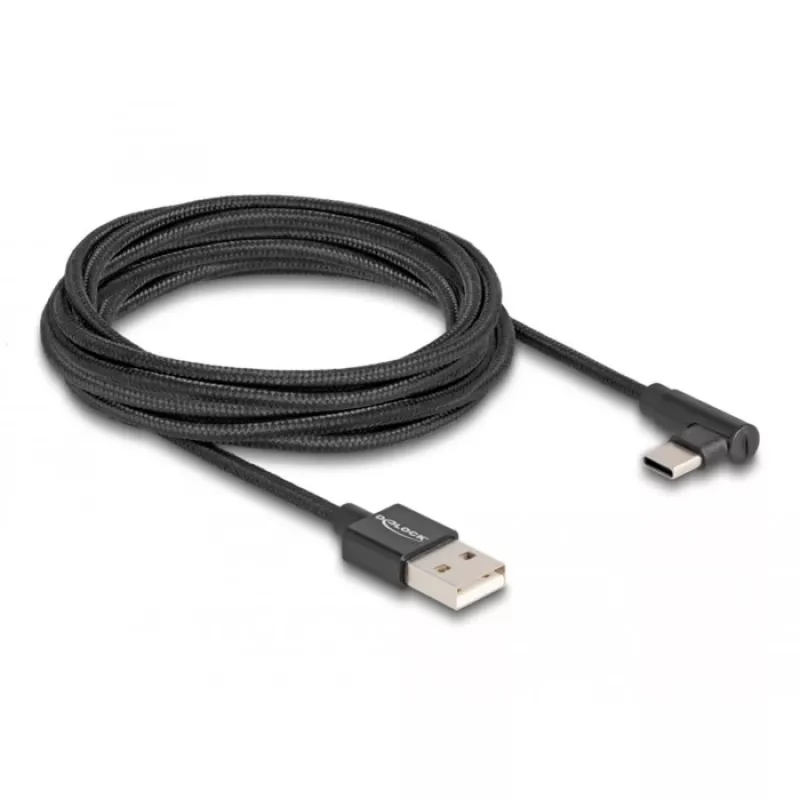 DeLOCK USB 2.0 kabelis, Type-A vīriešu uz USB Type-C vīriešu, leņķisks, 3 m, melns