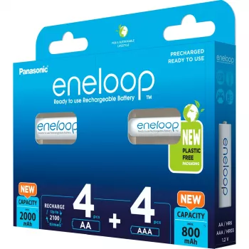 Uzlādējamās baterijas Panasonic Eneloop AA 2000 mAh (4 gab.) un AAA 800 mAh (4 gab.), Ni-MH, 1,2V, 8 gab.