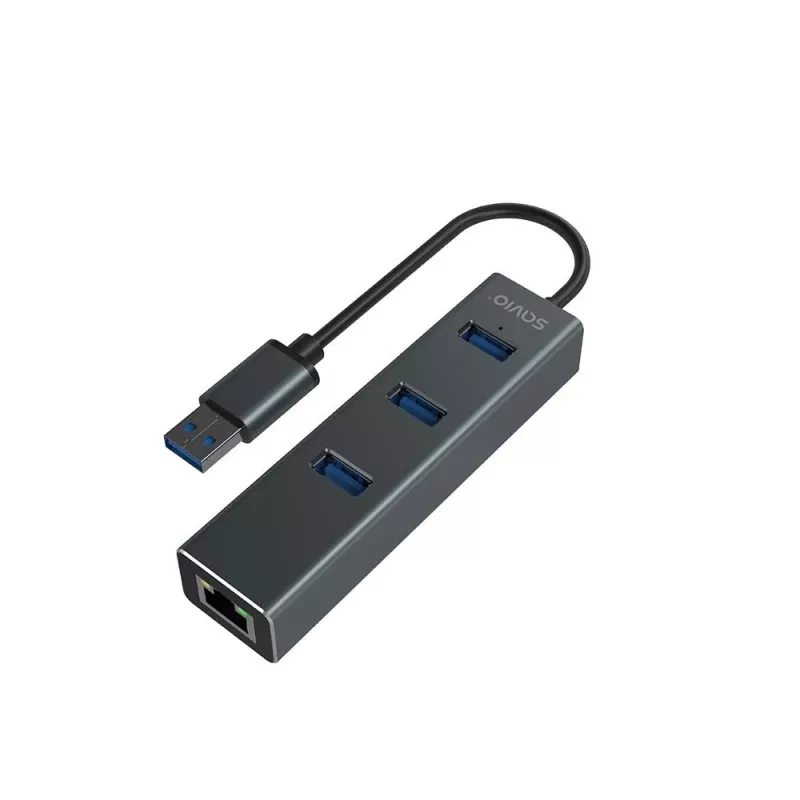 SAVIO USB-A centrmezgls ar RJ-45 Gigabit Ethernet AK-57 — 3× USB-A + RJ-45, USB 3.2 Gen 1 Micro‑B resursdators, 5 Gbit/s, 4 porti, pelēks