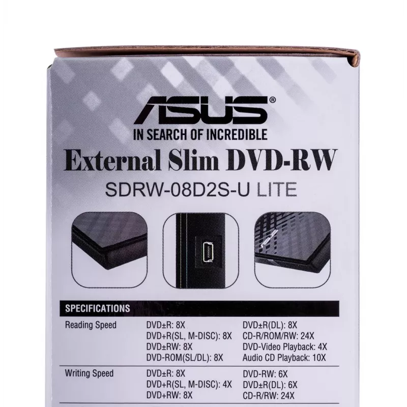 Ārējais DVD±RW optiskais diskdzinis ASUS SDRW-08D2S-U Lite, USB 2.0, melns, 24x CD / 8x DVD, 142×142×20 mm