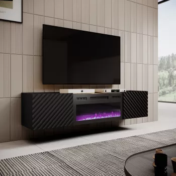 TV skapītis Cama Meble ONDA ar elektrisko kamīnu 1805×400×580 mm, melns, skaidu plātnes virsma (stāvošs vai pie sienas stiprināms)