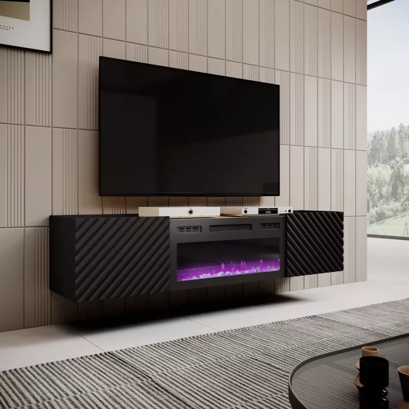 TV skapītis Cama Meble ONDA ar elektrisko kamīnu 1805×400×580 mm, melns, skaidu plātnes virsma (stāvošs vai pie sienas stiprināms)